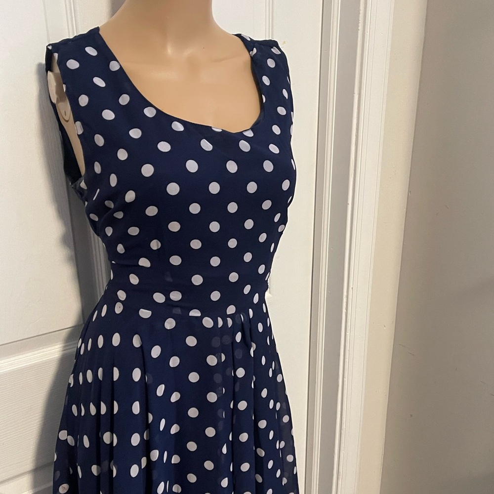 Jennifer Lauren navy blue polka dot handkerchief hem dress size L tie at waist - Picture 4 of 11